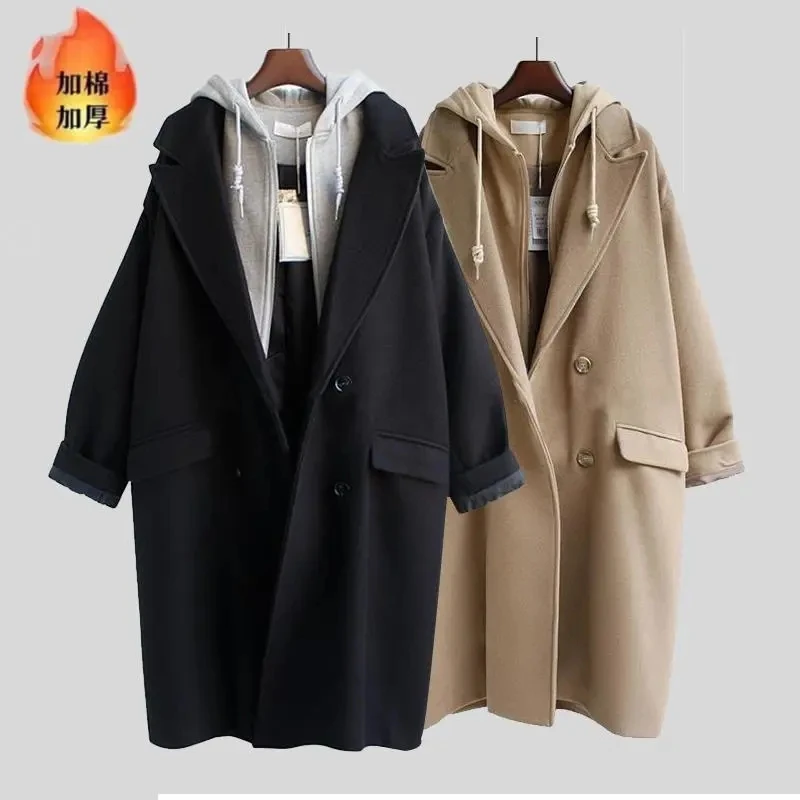 

Hooded Fake Two Pieces Blends Women Winter Females Loose All-match Thick Warm Long Style Outerwear Fashion Korean College Casual