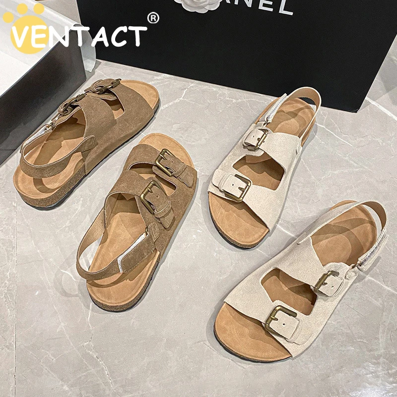 

VENTACT 2023 Summer Women's Sandals Cow Suede Leather Cork Sandals Woman Two Buckle Outdoor Beach Sandals Girls Retro Casual
