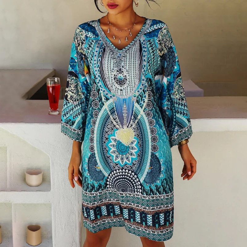 

High Waist Pullover 2023 Spring/Summer Vestido Women's Ethnic Fashion Print Long Sleeve V-Neck Casual Short Dreses Kleider Damen