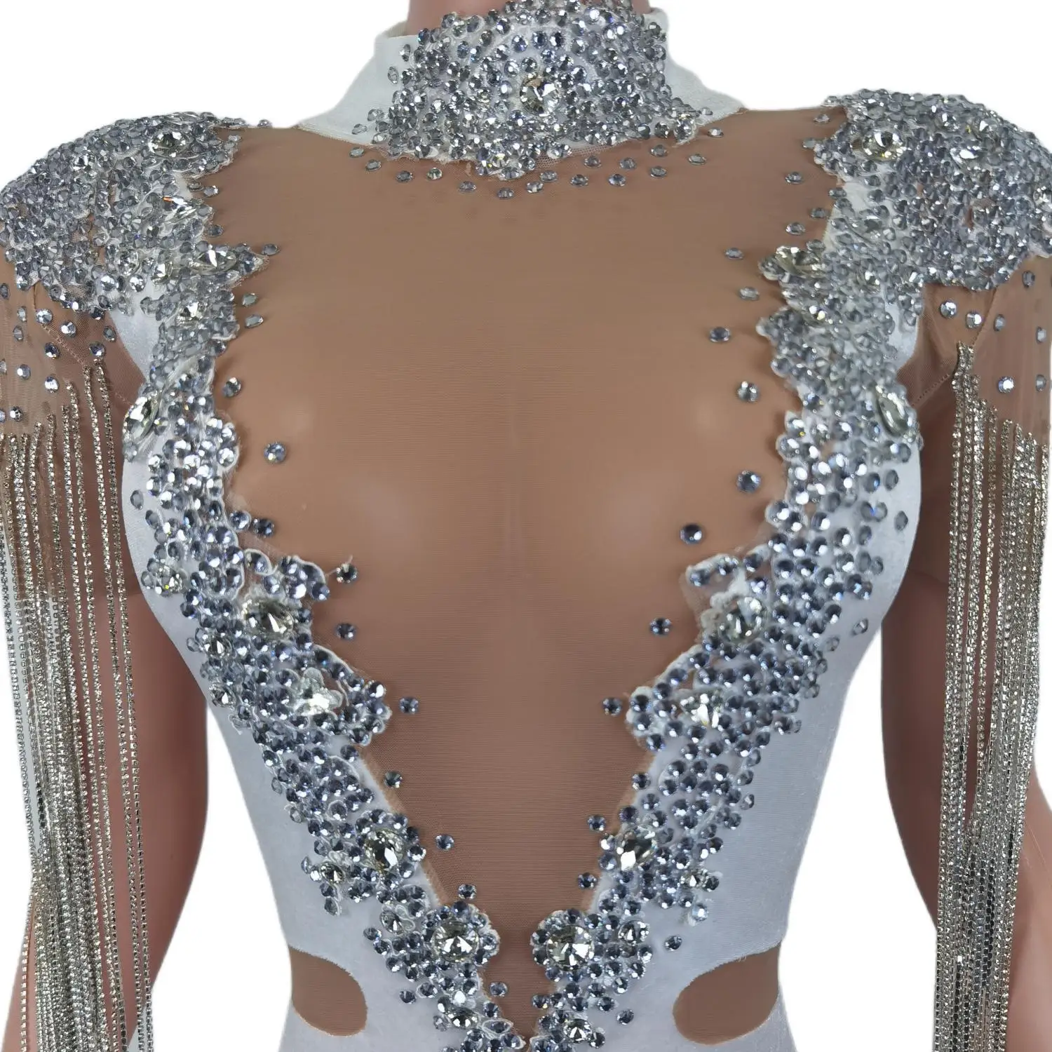 キラキラボディスーツ キラキララインストーンチェーンストレッチベルベットジャンプ