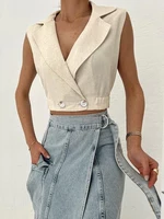 2024 Summer Women Solid Khaki Linen Tank Tops Sleeveless V-neck Vest Crop Tops For Women Female - Image 3