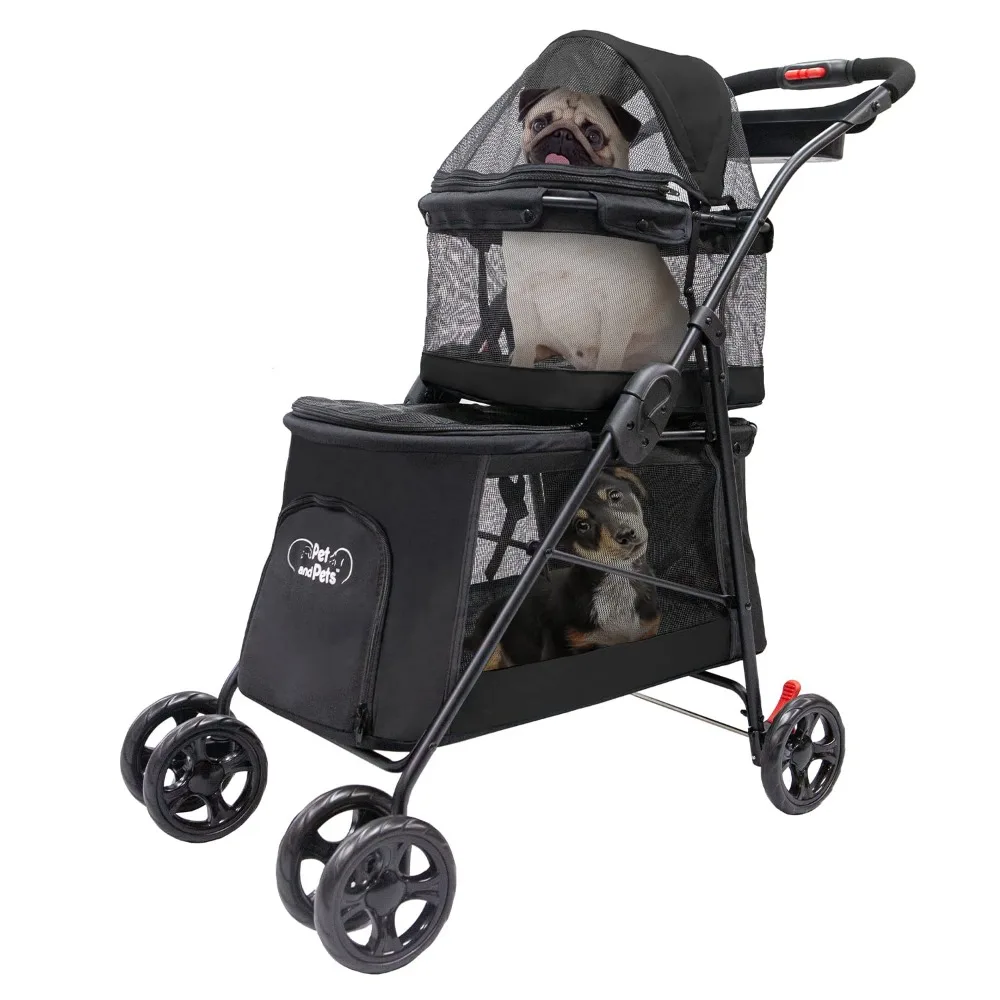 Double Decker Pet Stroller-Black: Dual Bassinets for Multiple Pets, Removable Pee Pads, Adjustable Leashes, Mesh Windows,