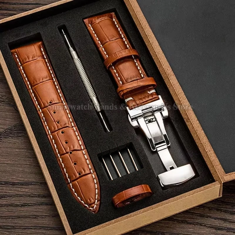 Luxurious Leather Watch Strap with Universal Metal Butterfly Clasp - Multiple Size Options Available