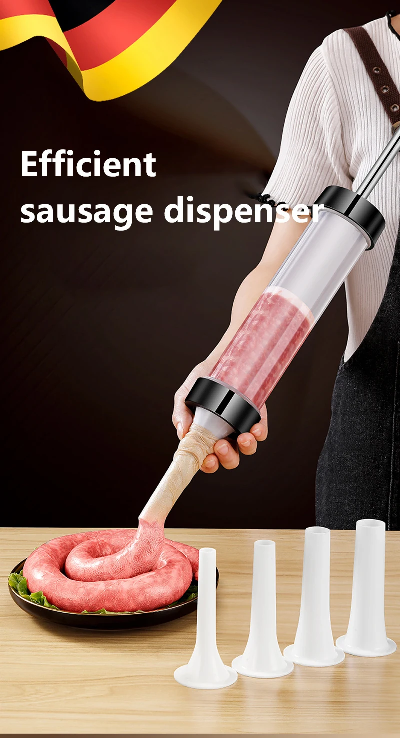 Description Picture 4 of itemManual Sausage Maker Meat Filler Stuffer  Stainless Steel Syringe With Casing Kitchen Home Made Sausages Vertical