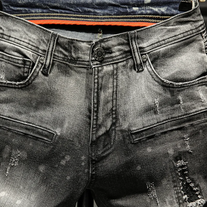 2024new motorcycle jeans men's slim stretch high-end pencil pants stitching scratch patch retro trousers
