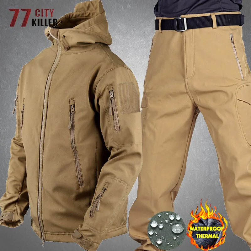 

Winter Fleece Soft Shell Tactical Sets Men Outdoor Waterproof Multi-Pockets Warm Jackets Cargo Pants Fishing Military Suits Male