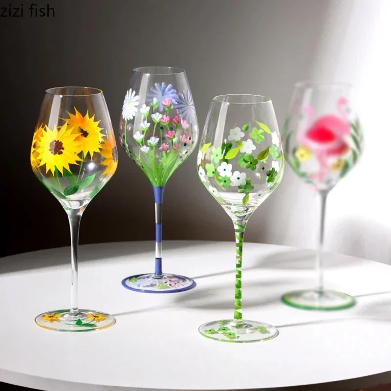High Footed Glass Cup Red Wine Glass Champagne Glass Kitchen Drinkware Handmade Painted Flamingo Wine Glasses Household Wine Set