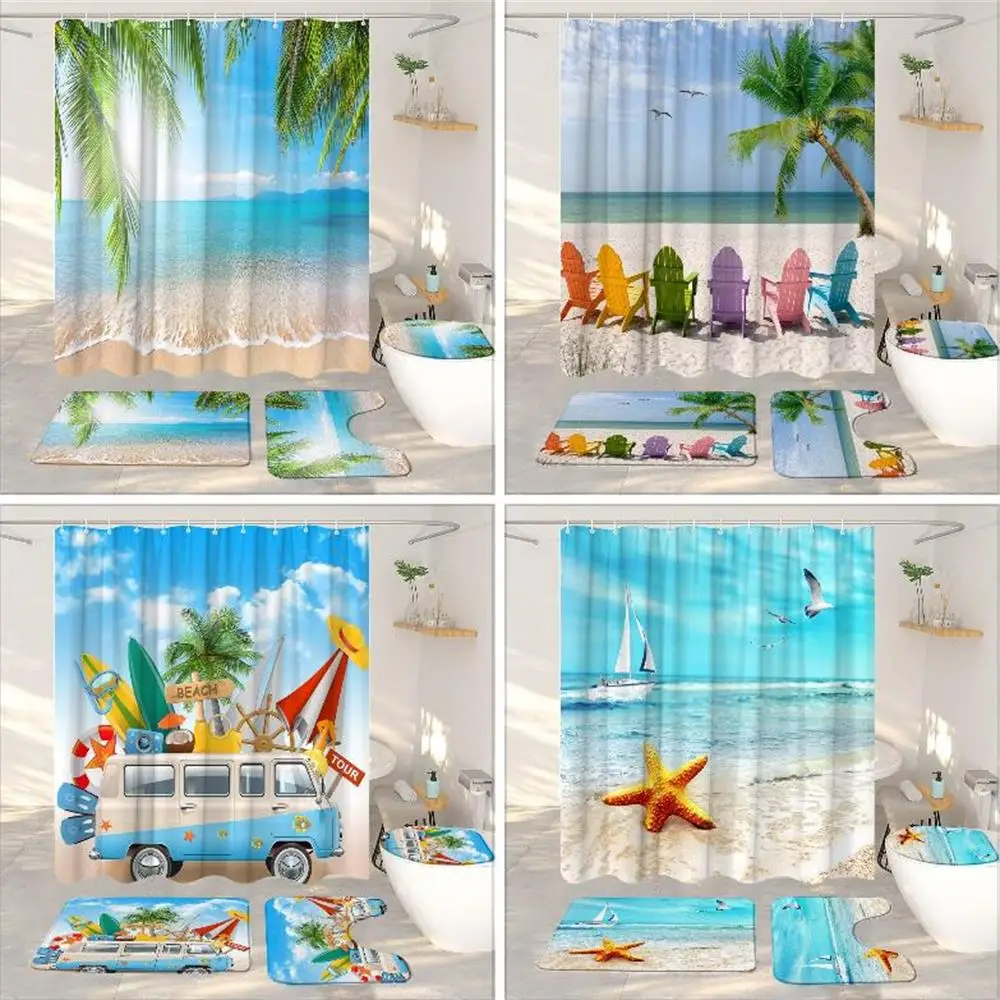 

Ocean Beach Shower Curtains And Rugs For Seaside Tropical Landscapes Coconut Trees Cars Hanging Curtains Bath Pad Bathroom Decor