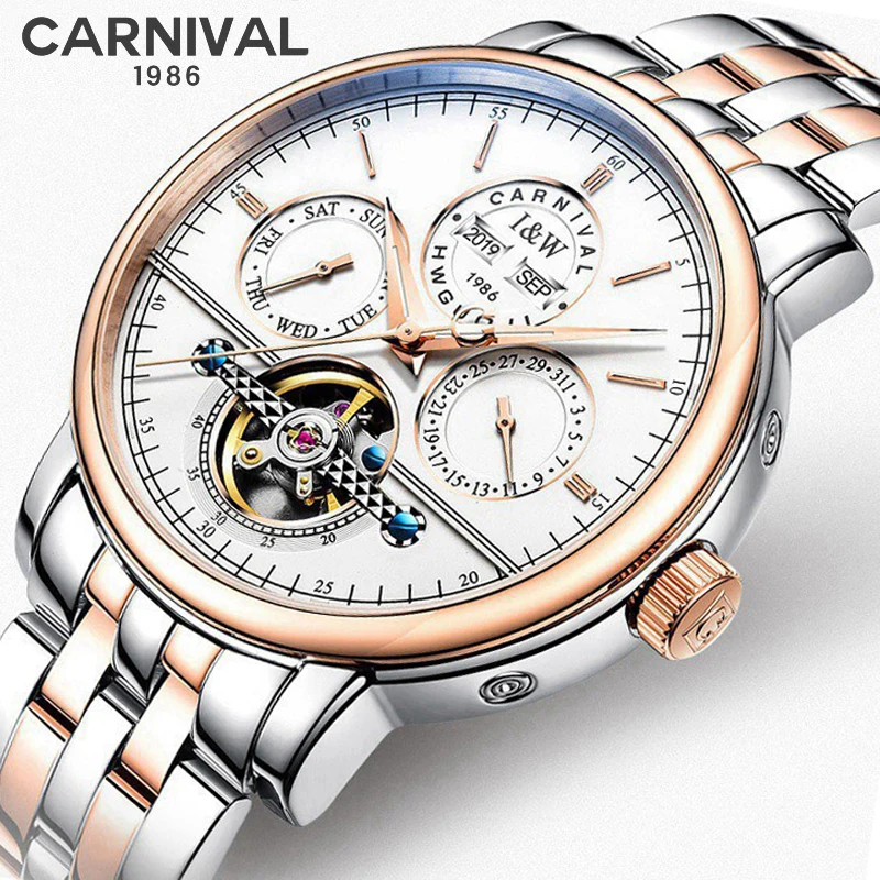 

Carnival New Fashion Multifunction Mechanical Watch for Men Luxury Stainless Stee Waterproof Automatic Tourbillon Watches Mens