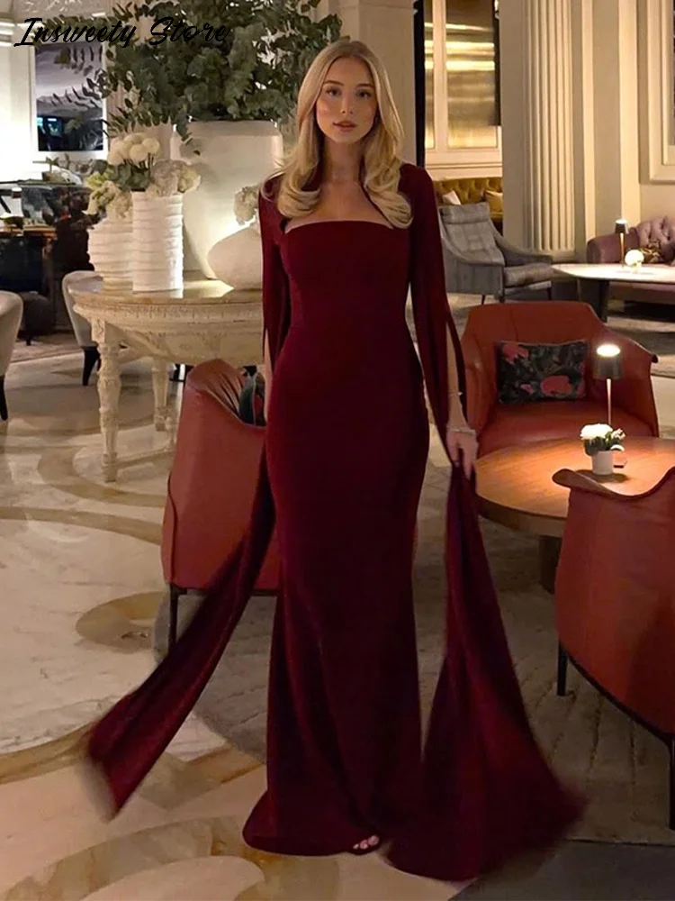 فستان سهرة خمري طويل بكاب