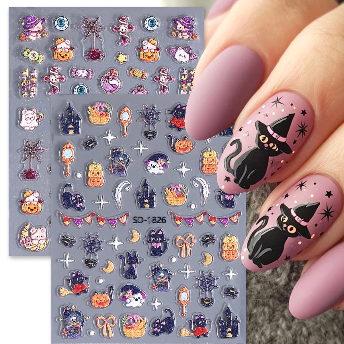 2pcs Adorable Halloween Design Matte Nail Sticker Black Cat Magic Bear Pumpkin Star Decals Holiday Design Sliders Manicure Decor