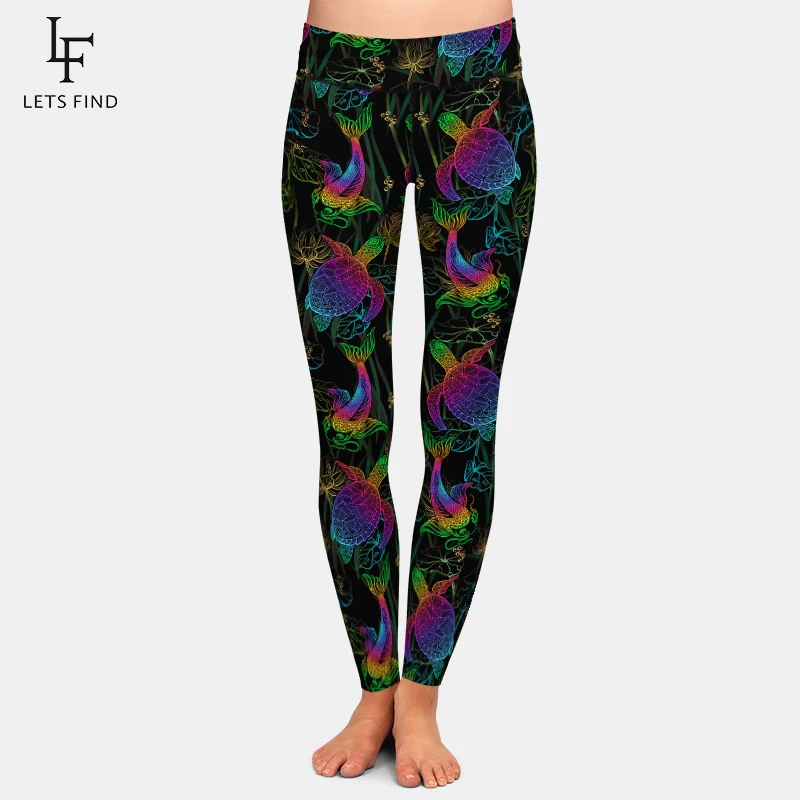 цена LETSFIND New Arrival Super Soft Milk Silk Print Koi Carps Lotus and Sea Turtle Design Women Pants High Waist  Leggings