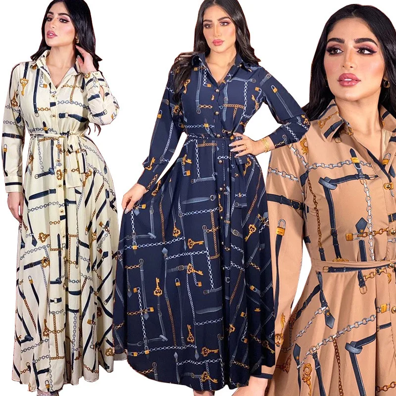 

Arab Elegant Women Long Shirt Dress Casual Lapel Neck Long Sleeve Muslim Hijab Dress Autumn Multi Color Printing Abaya Vestido