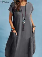 Oversized Vintage Short Sleeve Solid Sundress ZANZEA Women Summer Knee-length Dress Casual Loose Cotton Vestidos Beach Dresses - Image 5