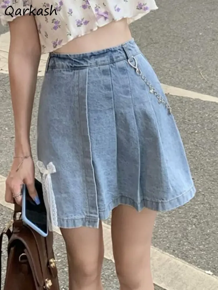 

Women Denim Mini Skirts Sweet Bow Summer Hotsweet Folds Streetwear Fashionable Young Vintage Casual Kawaii Girlish A-line Skirt