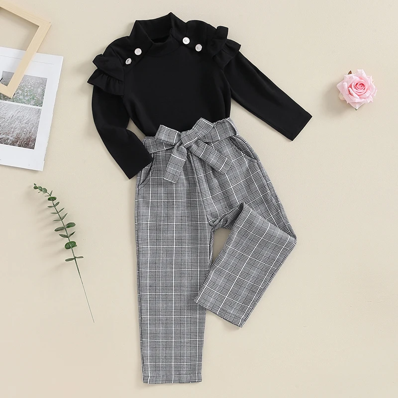 

4-7Years Fashion Kids Girls Clothes Sets Fall Long Sleeve Pullover + Plaid Pants with Belt Casual Children's Outfits