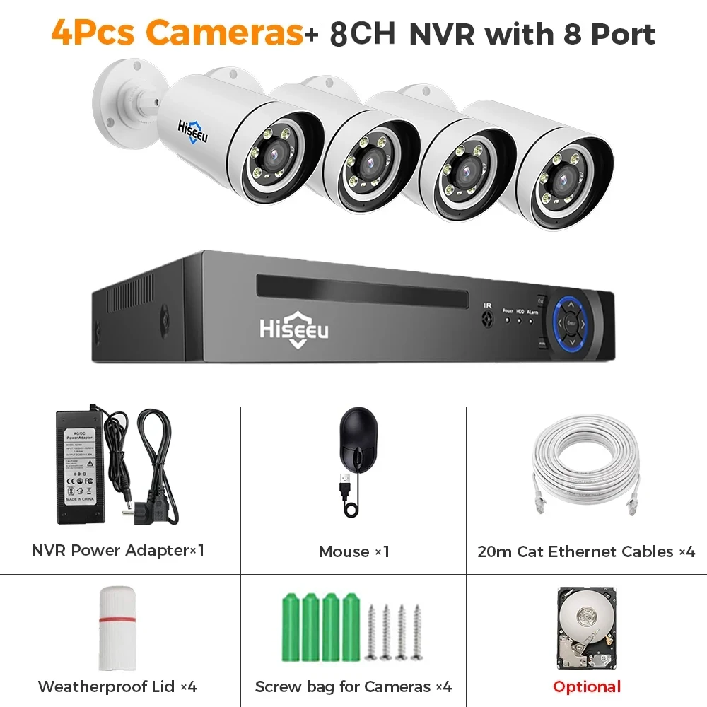 نظام كاميرا IP أمان Hiseeu ، 4K ، 8MP ، POE ، مقاو...
