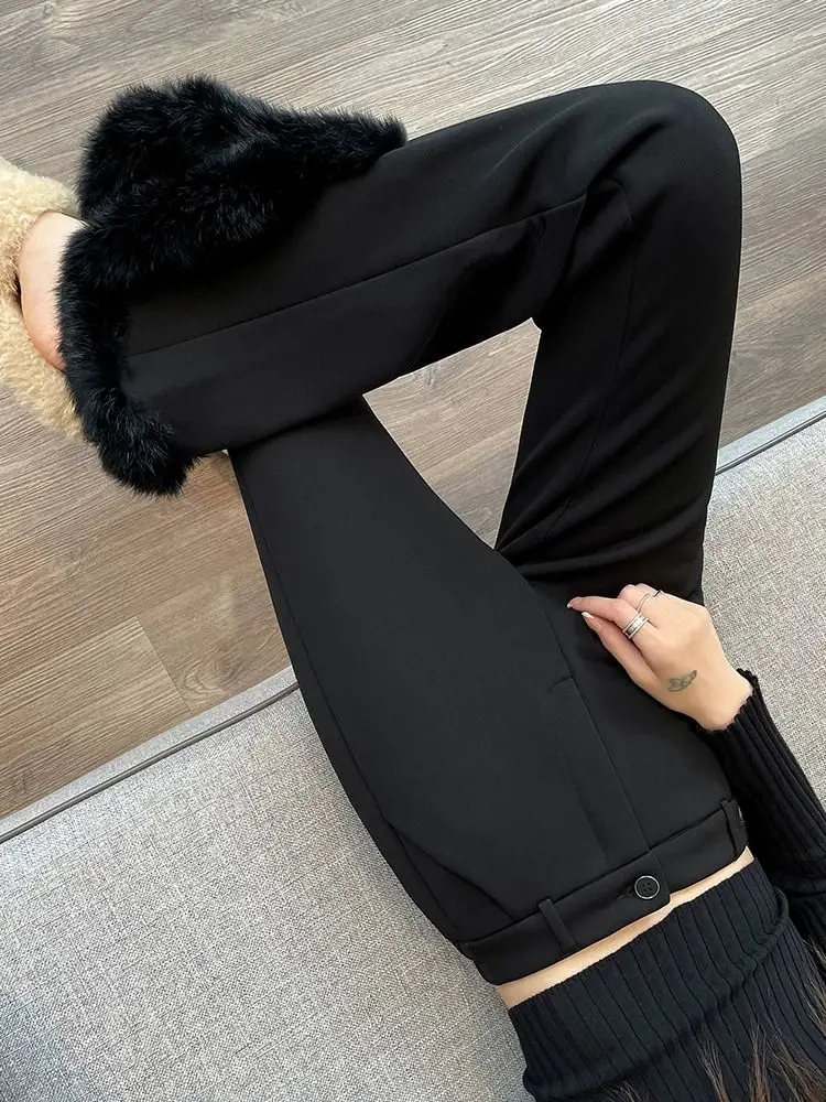 Rabbit hair flared pants for women's 2024 new autumn and winter plush black high waisted split micro flared suit pants