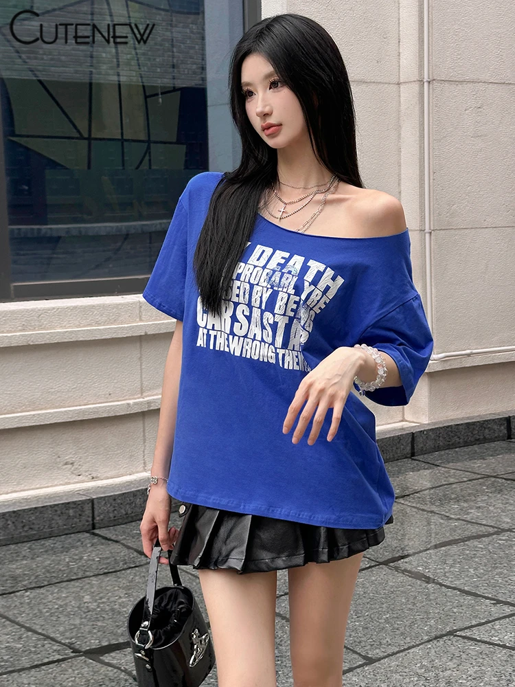 Casual Letter Print Women T-shirts Summer Concise Incline Shoulder Short Sleeve Oversized Tees Female Wild Street Tops