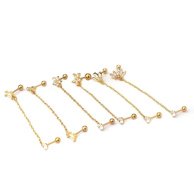 Boucles d'oreilles tendance en acier inoxydable pour femmes, 1 pièce, chaîne à Double perçage, fleur coréenne, Zircon, clous de perçage, bijoux à la mode
