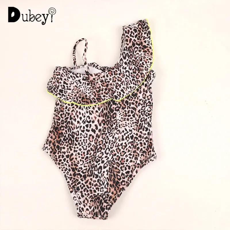 

5 To 12 Years Old Girl New Arrival One-Piece Leopard Print Swimwear One Shoulder Bikini with Ruffles Children Swimming Wear