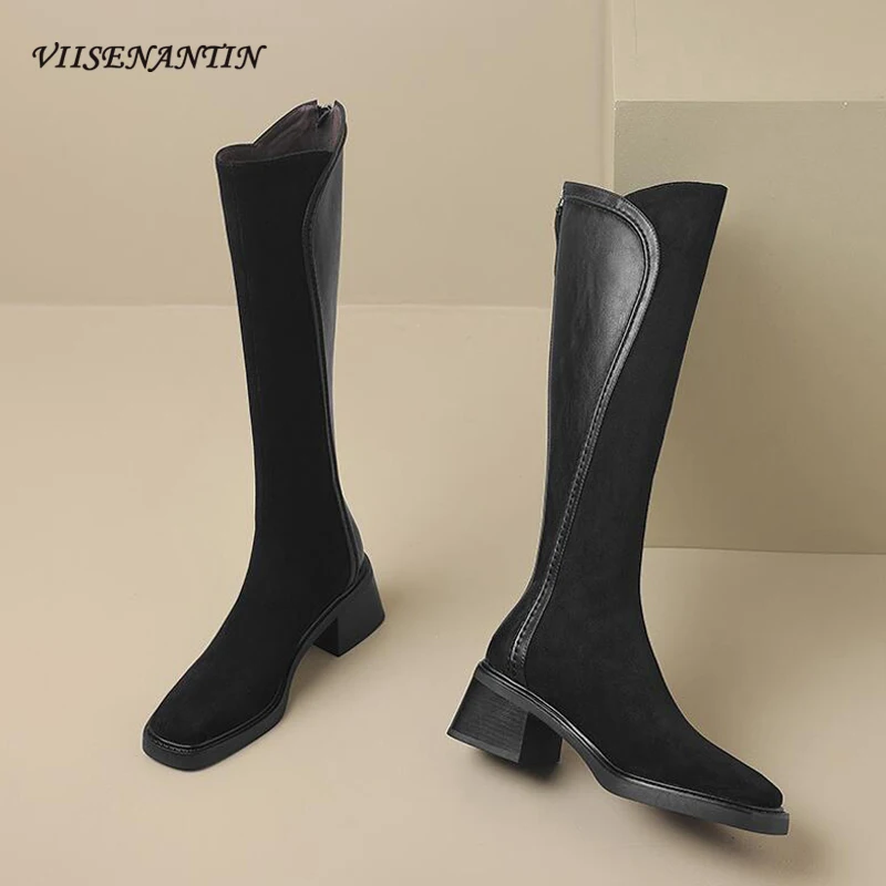 

New Style Genuine Leather Splicing Chunky Heel Back Zipper Knight Boots Women Round Toe Retro Knee High Boots Females All Match