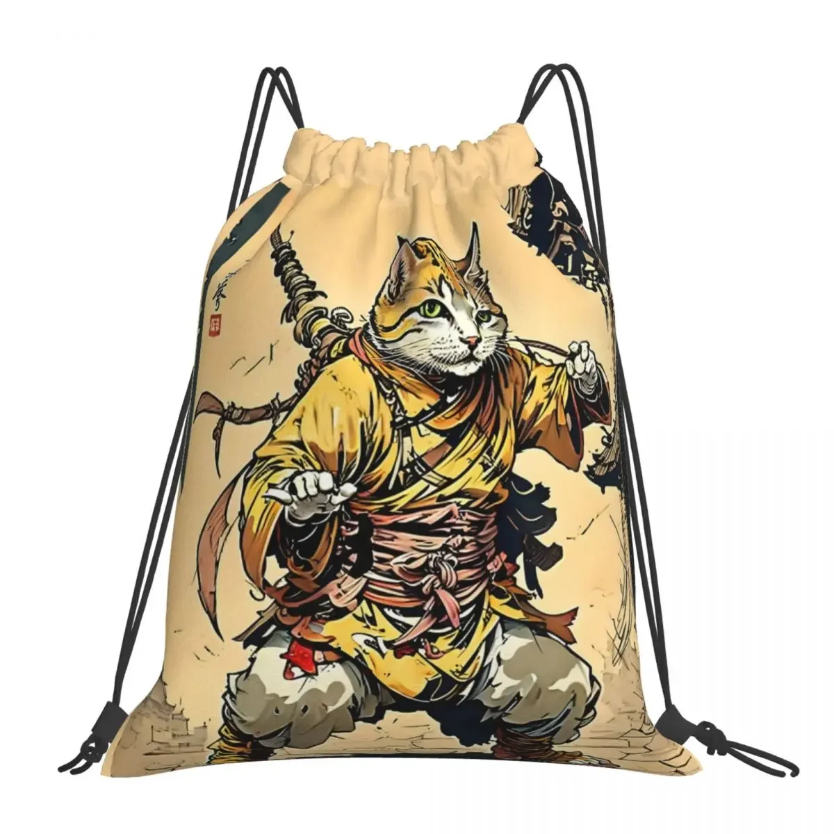 

Shaolin Cat Mastering Martial Arts Backpacks Casual Portable Drawstring Bags Drawstring Bundle Pocket Shoes Bag For Man Woman