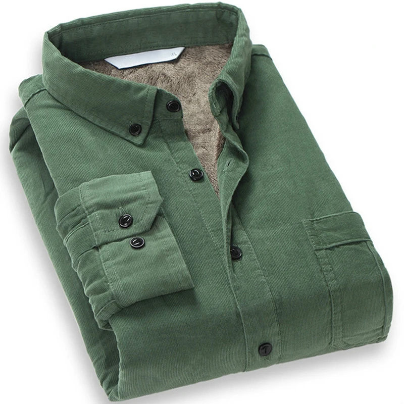 Men's Cotton Corduroy Warm Winter Shirt Thick Fleece Lining Thermal Shirt Long Sleeve Bottoming