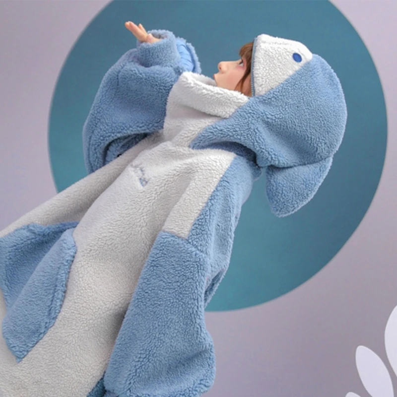 Women's Kawaii Shark Hoodie - Full Zip Up Sherpa Fleece Hoodie With Face Cover & Gloves, Cute Anime Aesthetic (Blue, Small) - View #2