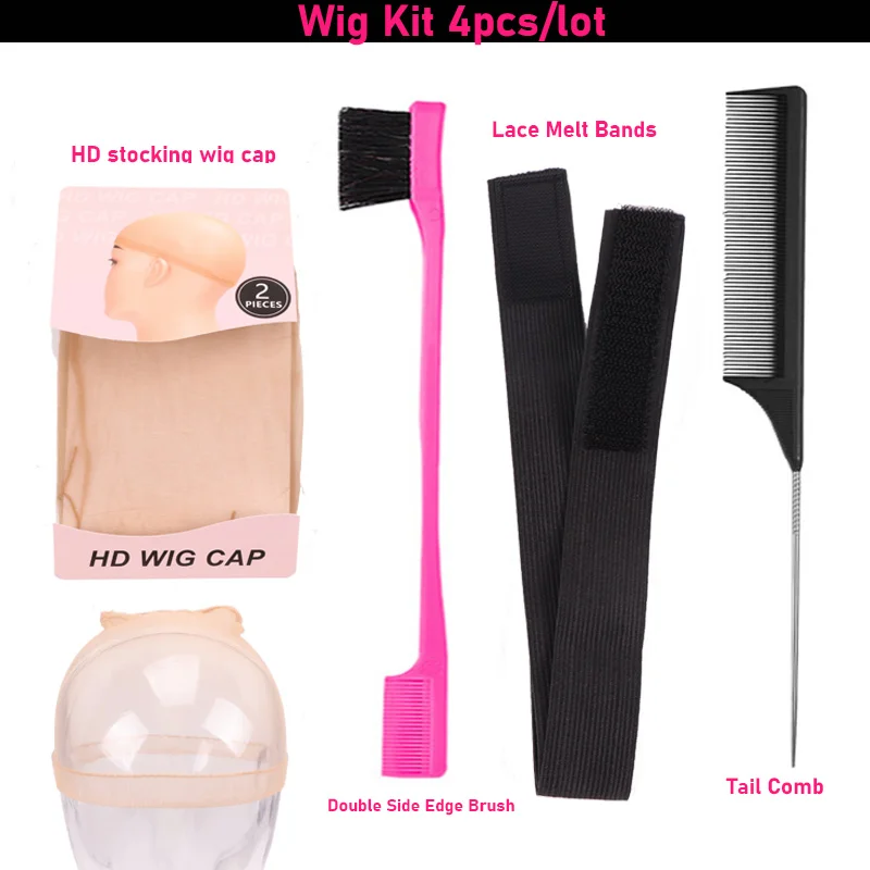 Wig Caps 4Pcs/Lot Hd Wig Cap Egde Laying Elastic Band For Lace Front Wigs Edge Control Brush With Tail Hair Comb for Edges