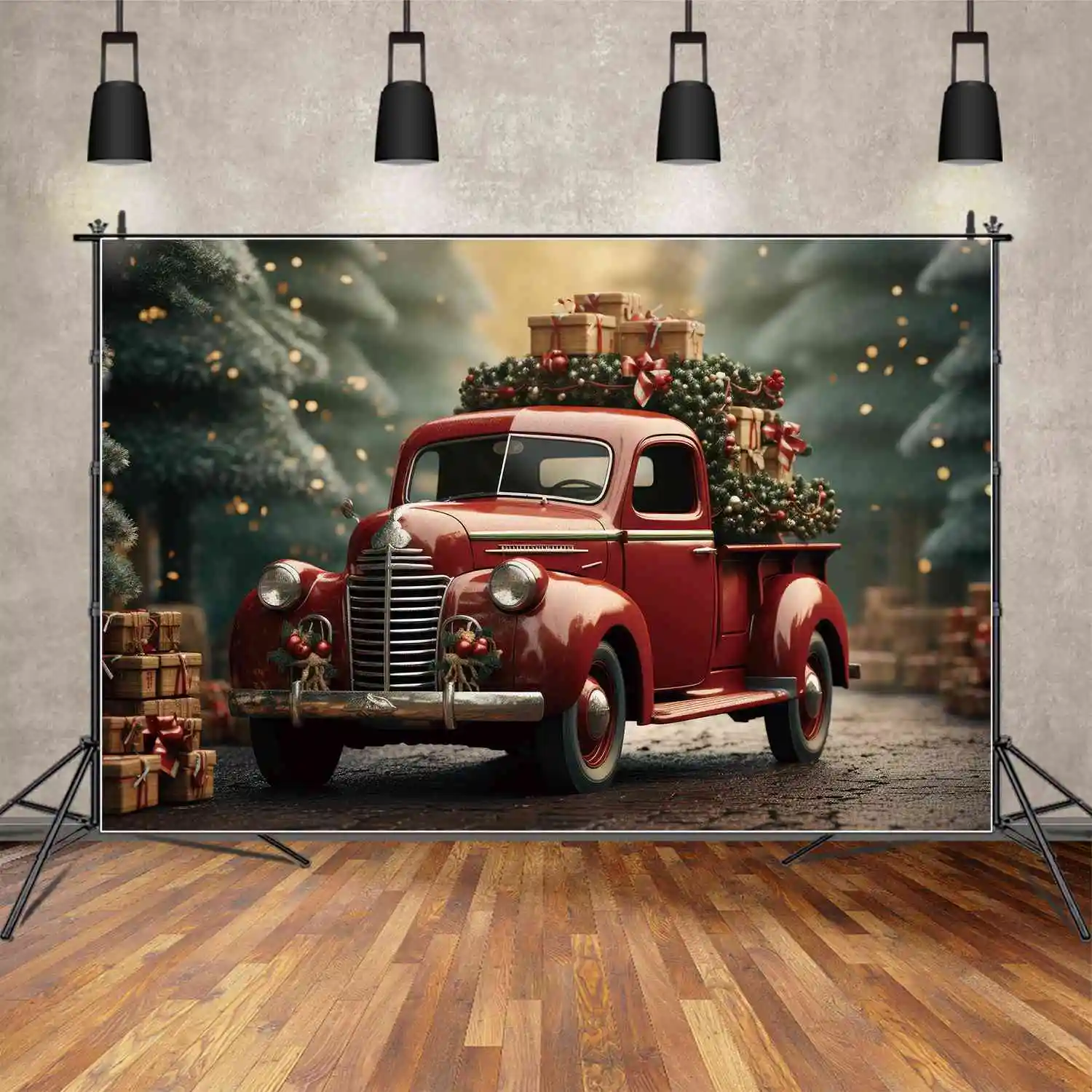 Moon.Qg Fotografia Sfondo Decorazione Natalizia Red Car Train Photo Background Gold Light Pine Tree Ball Studio Shooting Puntelli