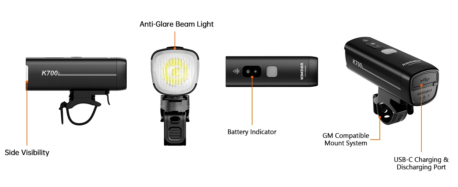 Ravemen LED Bike Front Light Bicycle Headlight Rechargeable K700+AUB01 Mount Auto On-off Smart Daytime Riding Mode Waterproof