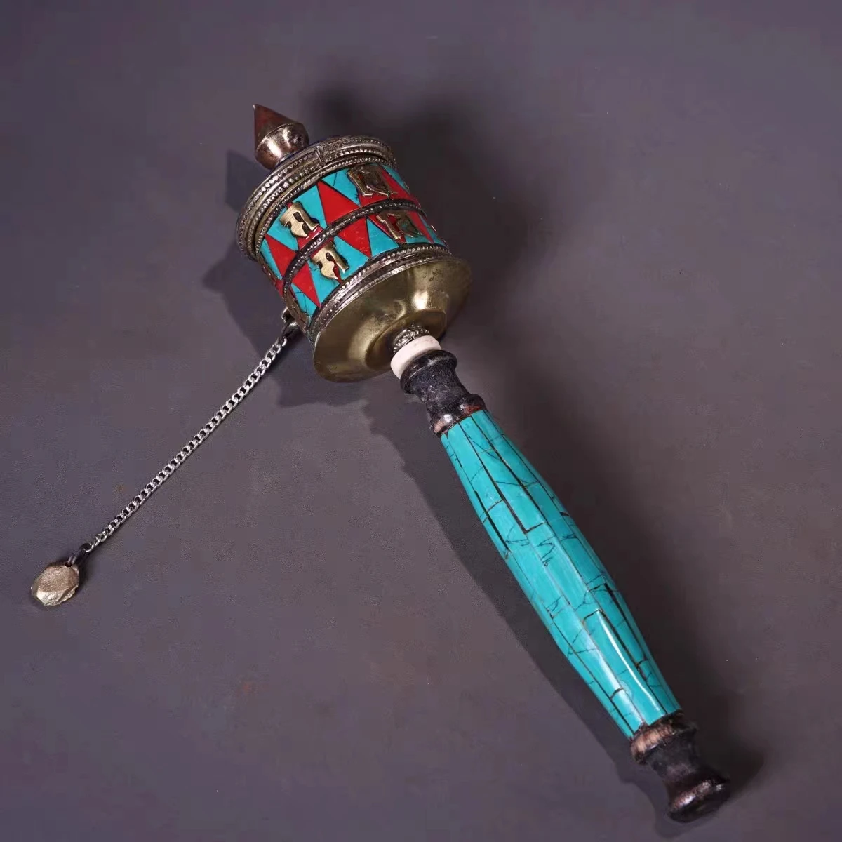 

Elaborate Nepalese pure copper hand-built gemstone prayer wheel （It has Tibetan scriptures in it)