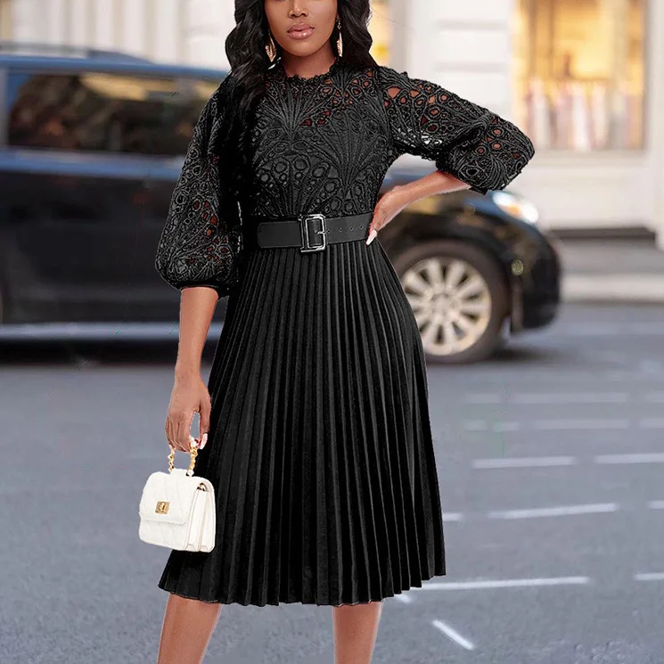 Elegant Pleated Dresses for Women O Neck Three Quarter