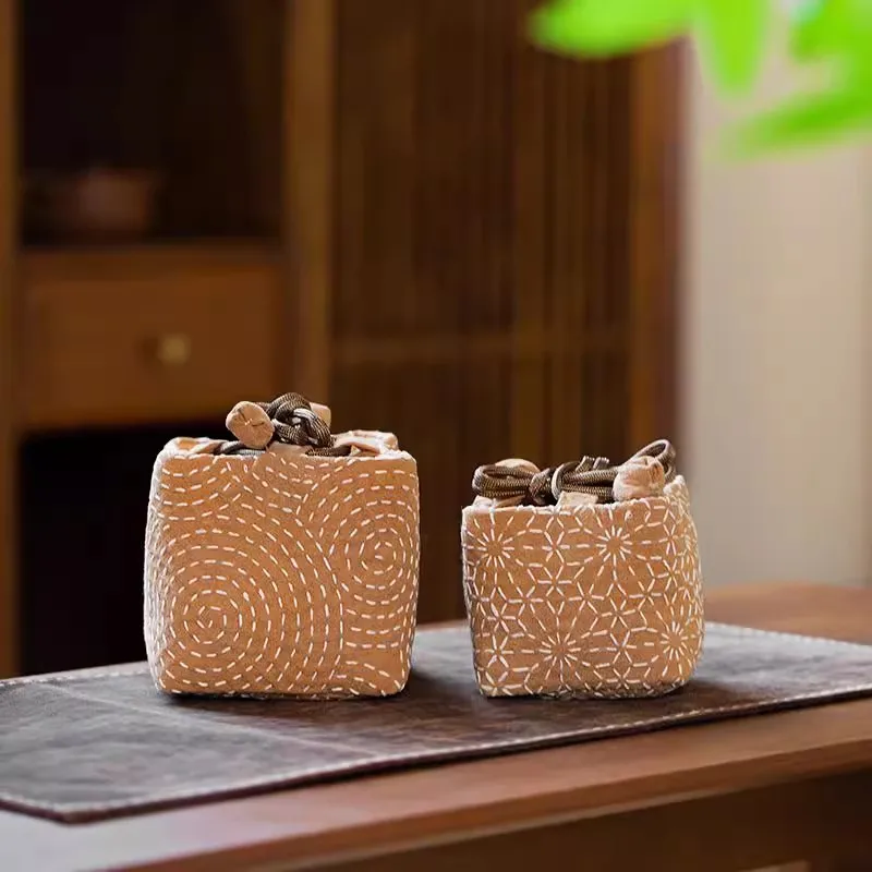 Chinese Vintage Sashiko Embroidery Tea Cup Pouch Thickened Travel Storage Bag for Zisha Teapot & Tea Set, Tea Accessories Organi