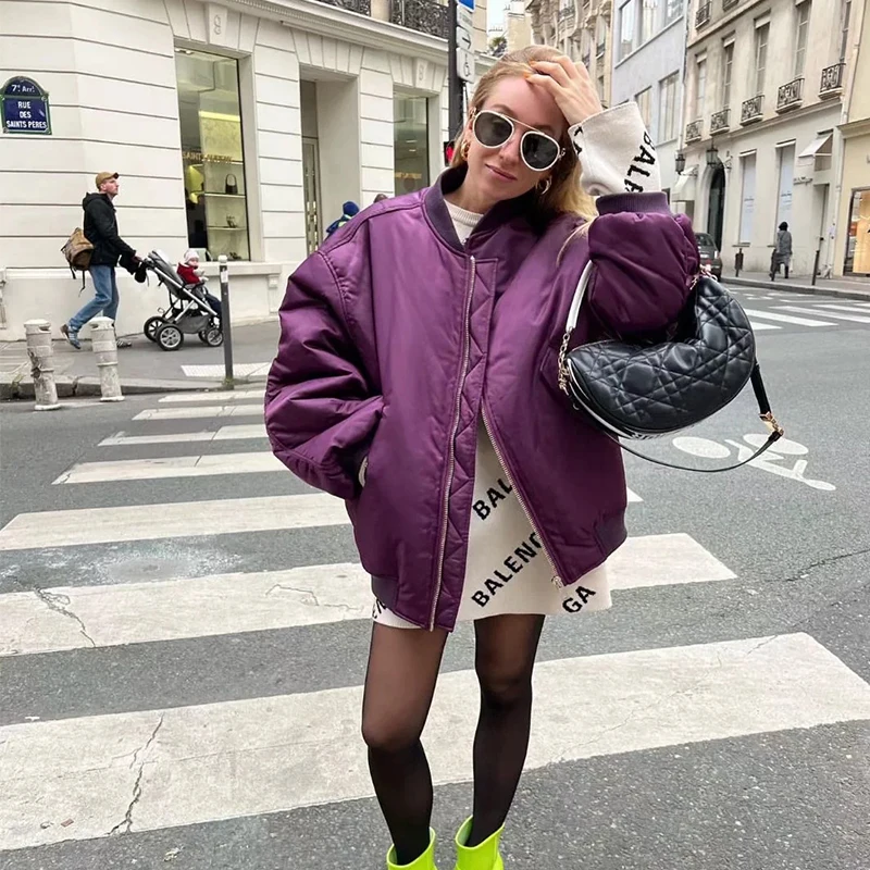 

Jocoo Jolee 2022 Women Oversized Bomber Jacket Fashion Solid Color Zipper Pocket Loose Quilted Coat Warm Autumn Winter Outerwear
