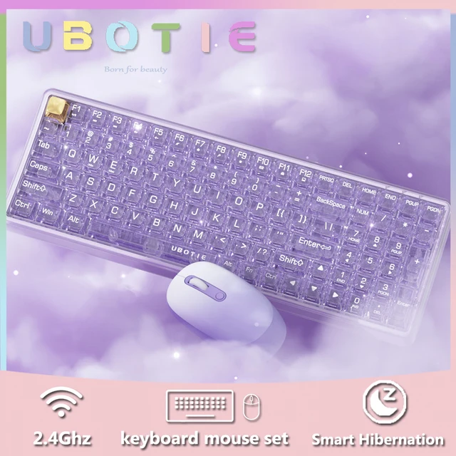 UBOTIE 투명 100 키 키보드 및 마우스 세트, PC 데스크탑 노트북용, 풀 사이즈 타자기 무선 키보드 및 마우스 콤보