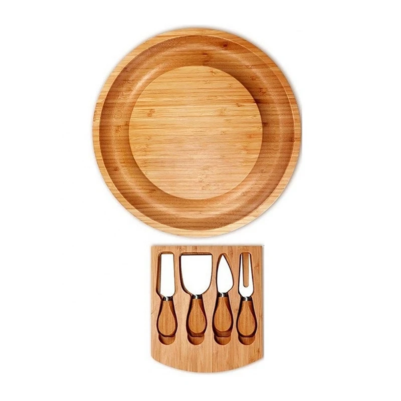 1Set Bamboo Cheese Board Set With Cheese Knife Portable Outdoor Dinner Plates Hotel Restaurant Decoration Accessories