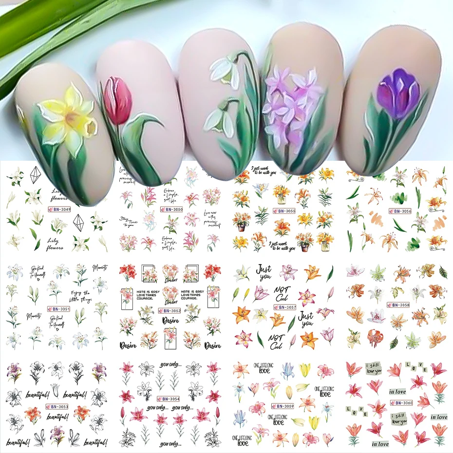 12pcs Lily Floral Water Transfer Decals Stickers Spring Watercolor Flower Green Leaf Nails Art Decoration Summer Manicure Slider