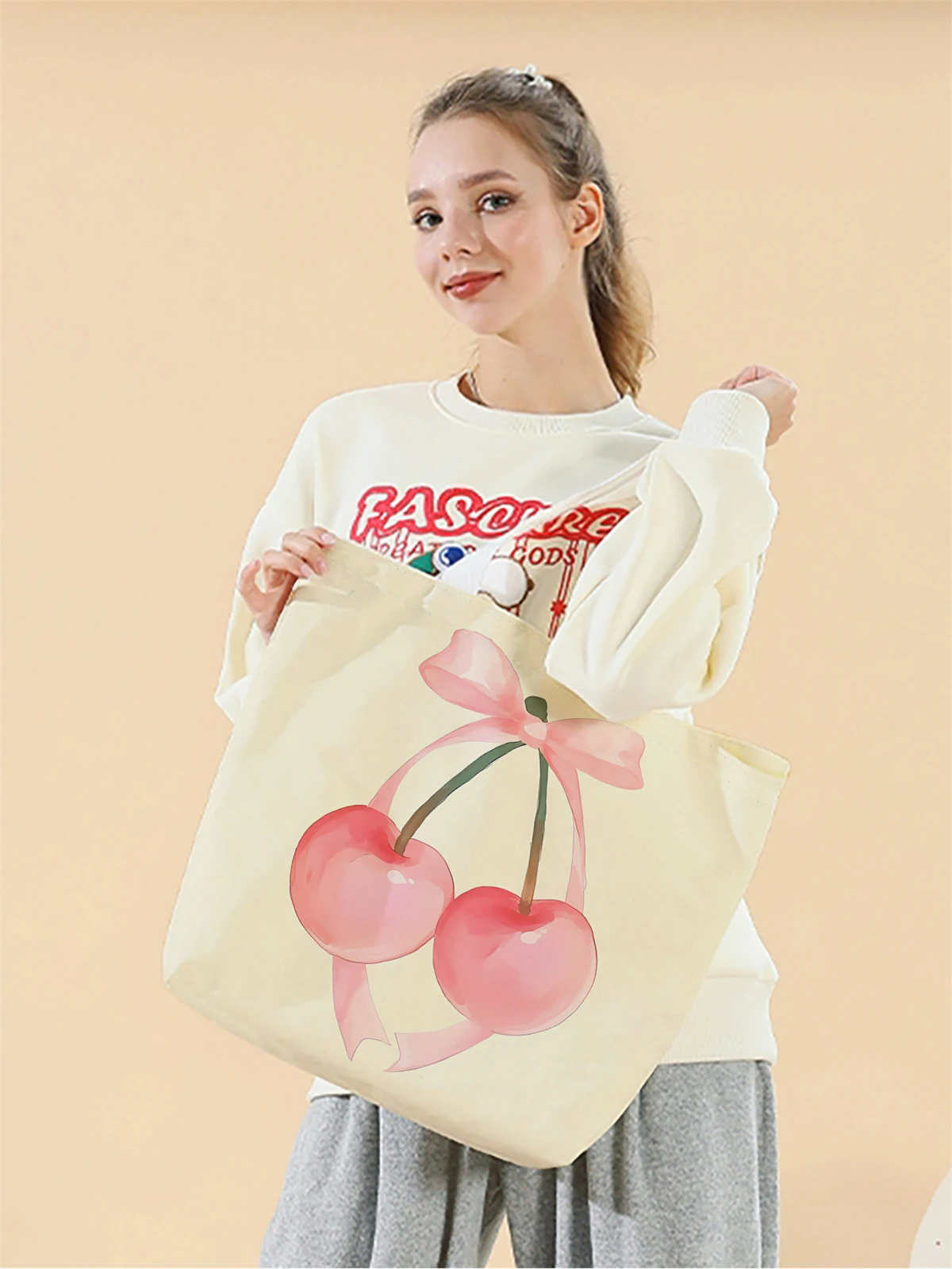 1pc,cartoon cherry handbag, reusable fashionable handbag, multifunctional handbag, printed canvas shopping bag