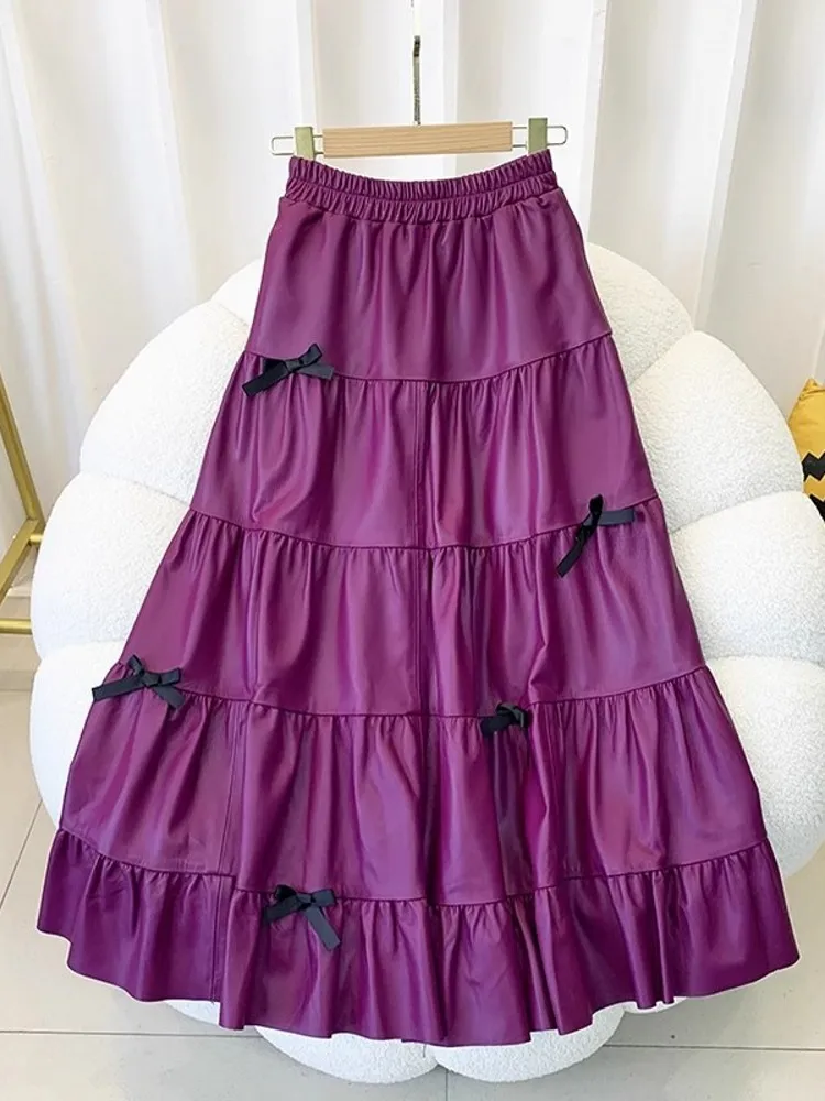 Description Picture 4 of itemWomen Fashion Genuine Leather Long Skirt Casual Loose Fit Elastic High Waist Sweet Bowknot Solid Color Lady Layers A-Line Skirts