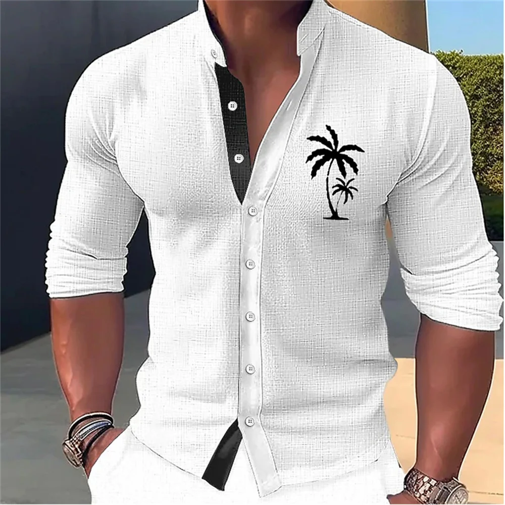 2023 New Fashion Men's Long Sleeve Coconut Tree Print Solid Color Shirt Design Simple, Soft, and Comfortable Fabric Men's Top