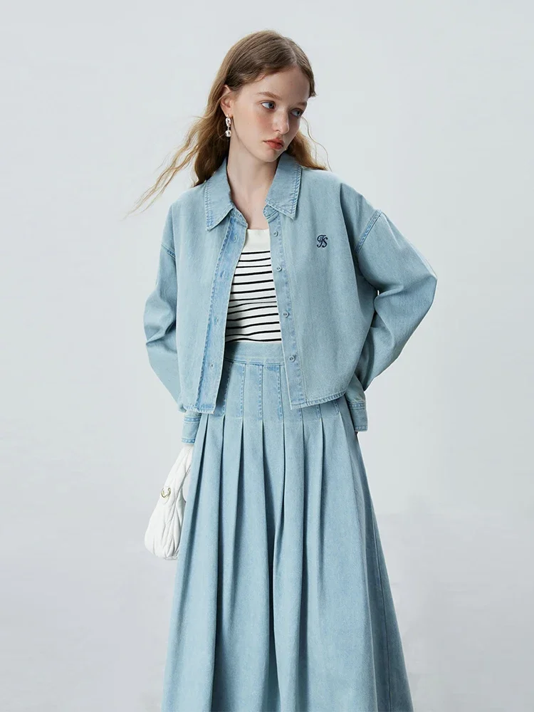 FSLE Simple Style Pure Cotton Short Long-sleeved Denim Shirt for Women 2023 Autumn New Pleated Skirt Half-length Suit Female y2k clothing women s pants 2023 autumn new fashion casual high waist pleated print imitation denim tights pantalon femme