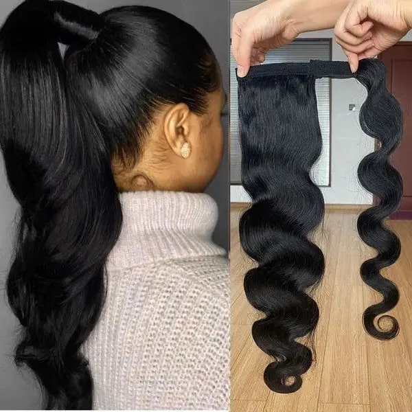 Straight Ponytail 10-32 Inches Machine Made Magic Wrap Around Clip In Ponytail Black Remy Curly Brazilian Human Hair Extensions