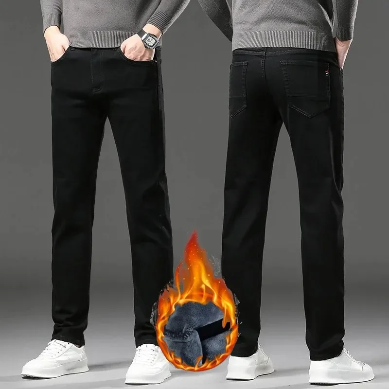 New Winter Casual Men Plush Wool Slim Fit Business Jeans Male Elastic Straight Fleece Denim Pants Warm Thick Fur Skinny Trousers 5