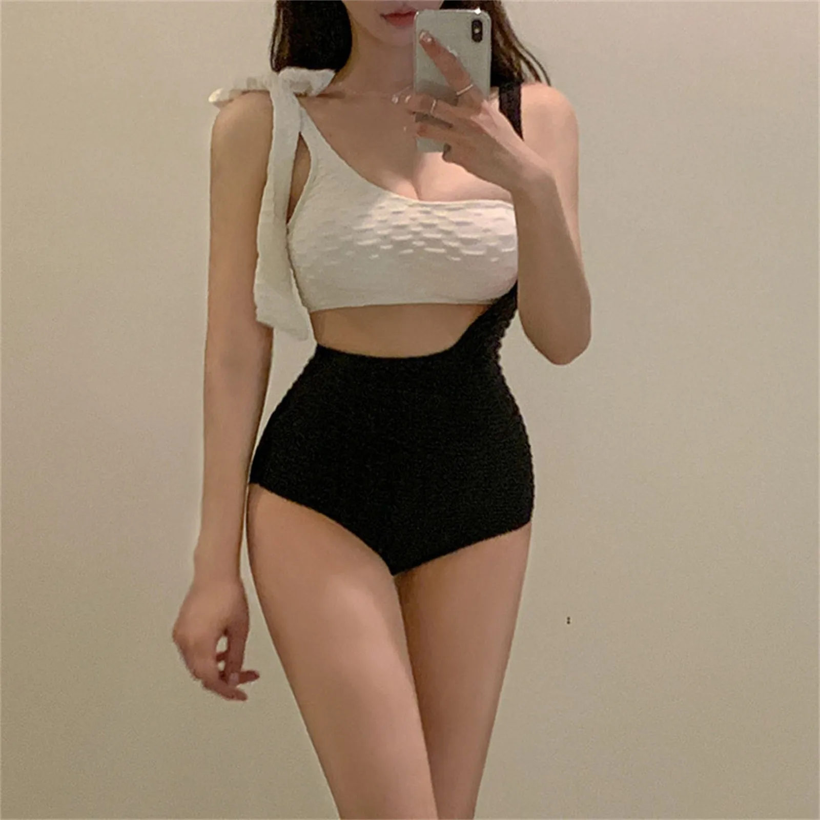 

Women One Shoulder Bikinis Two Pieces Swimsuits Solid Push Up Swimwear High Waist Beachwear Korean Female Biquini Bathing Suit