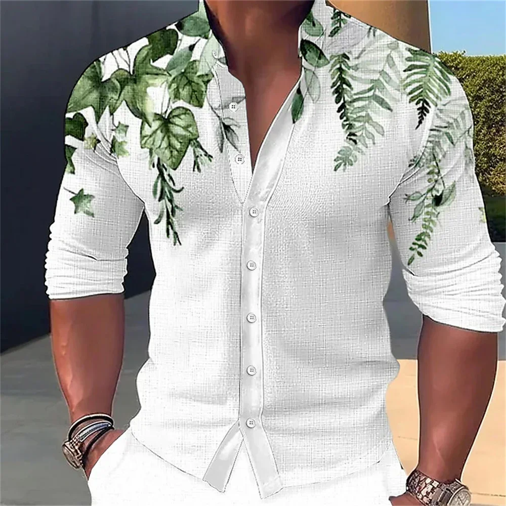 thumbnail image 1 of Camisa de manga larga con cuello alto y botones para hombre de primavera, camisa con estampado de hojas verdes, informal, suave y cómoda, para hombre, talla grande, 1 of 4