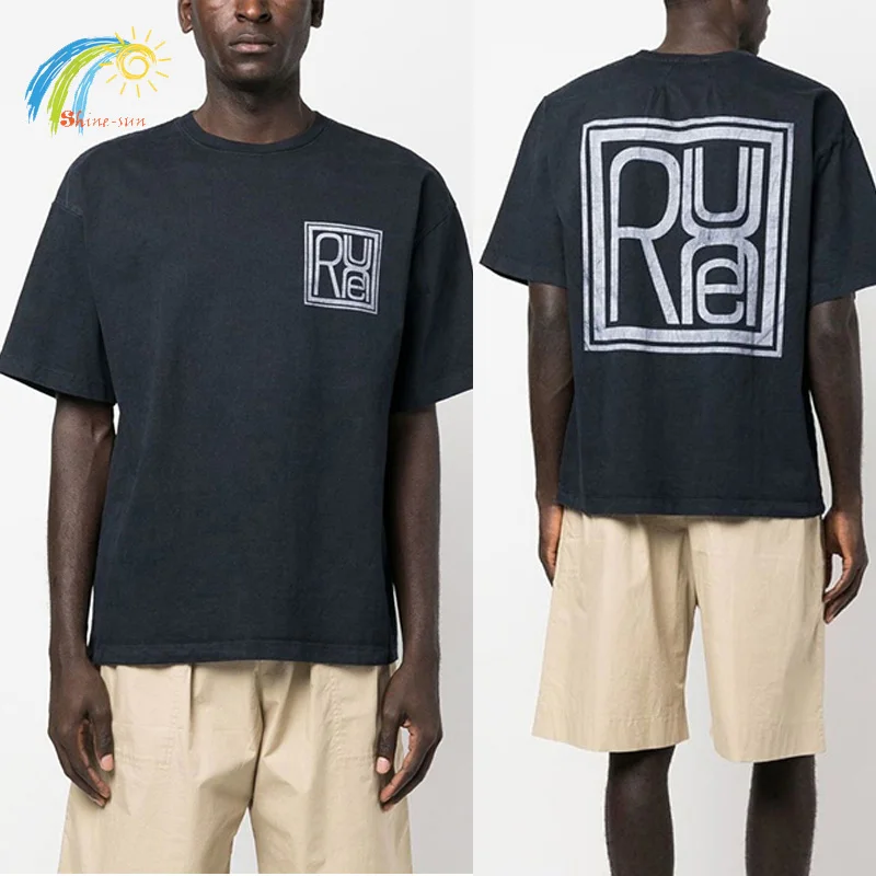 

Black White Apricot Loose Rhude T-Shirt Men Women 1:1 Cotton Square Logo Print Casual Fashion Tee Patchwork RHUDE Short Sleeve