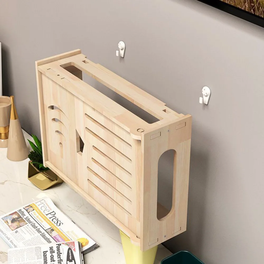 Wall-Mounted Storage Box Home Wall-Mounted WiFi Router Organizer Wooden Hanging Cable Management Multifunctional Storage Case - 2