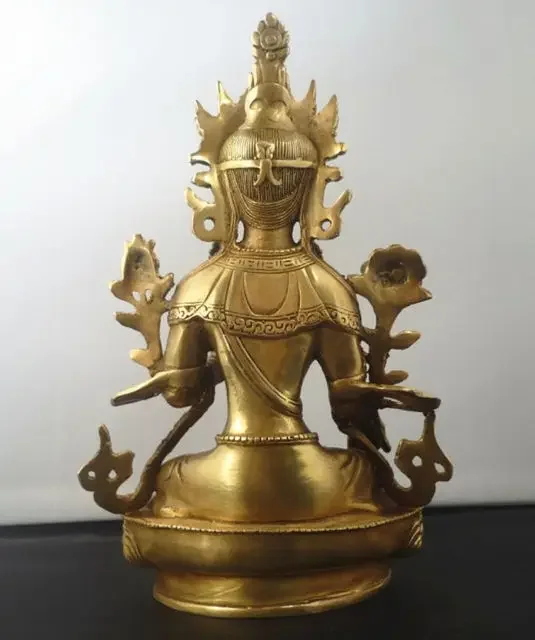 

8.5" Tibetan Buddhism Copper Green Tara God Godness Kwan-yin Buddha Statue Garden Decoration 100% real Brass Bronze